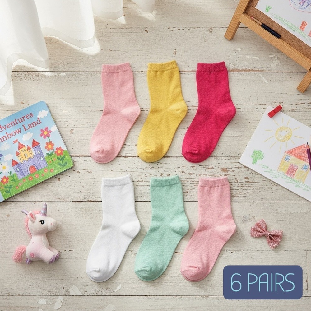 Girls Pastel Super Soft Moisture Wicking Anti-Slip Elastic Crew Socks 5-9 YO 6pk - Picture 3 of 7
